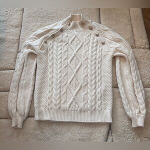 Maje Cream Cable-Knit Turtleneck Sweater with Button-Shoulder Detail